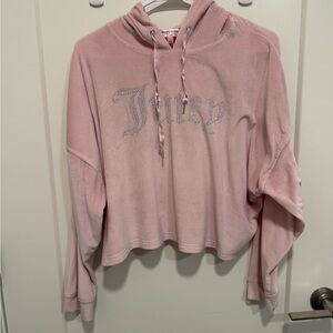 Juicy Couture Pink Velour Cropped Hoodie Sleepwear Rhinestone Logo Size L Y2K
